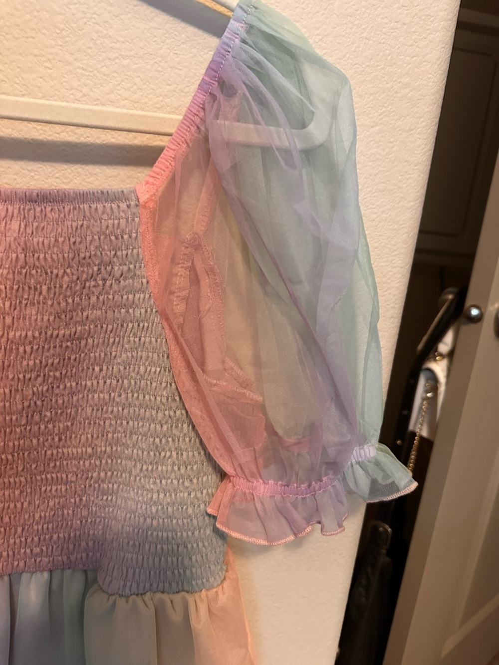 Pastel Rainbow Tulle Puff Sleeve Kids Dress - Picture 3 of 4